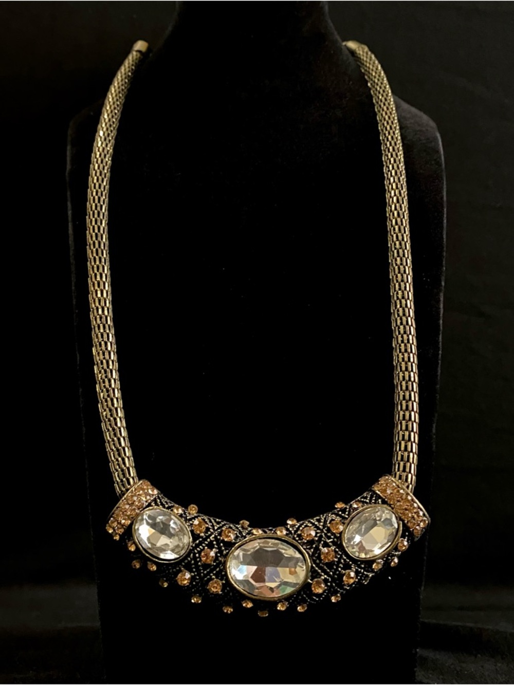 Gold-Tone Crystal Trio Statement Necklace | Black / Amber Accents